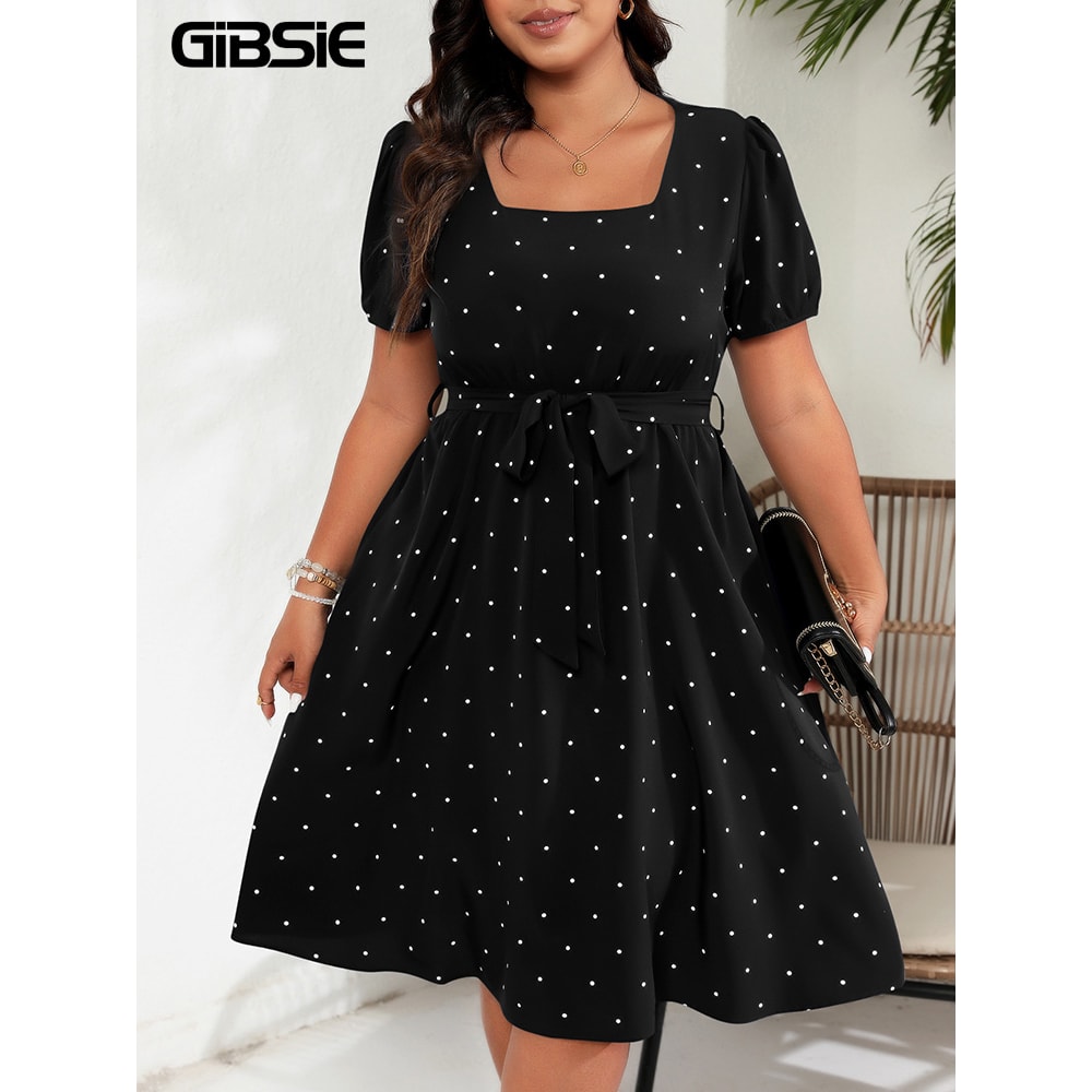 Square Neck Polka Dot Belted Dress, Women's Elegant Retro Puff Sleeve, High Waist Summer A-line Big Swing Dresses