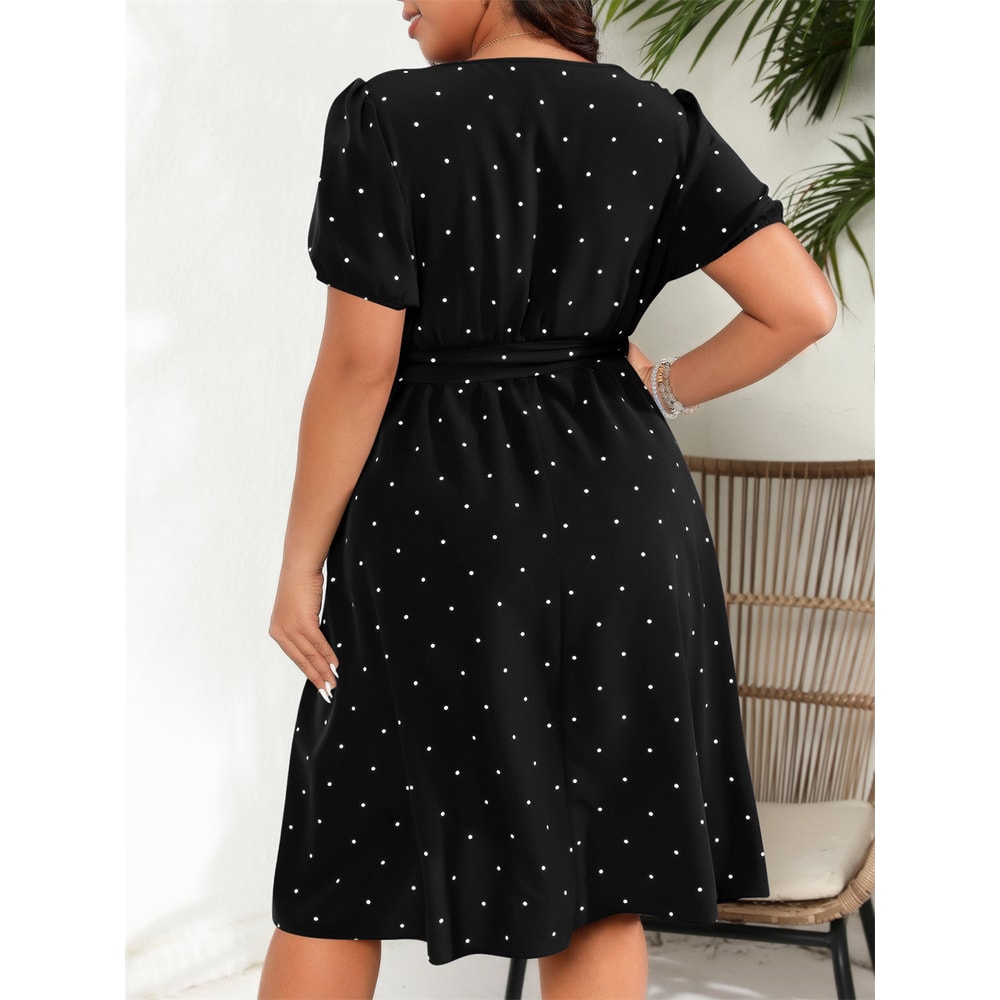 Square Neck Polka Dot Belted Dress, Women's Elegant Retro Puff Sleeve, High Waist Summer A-line Big Swing Dresses