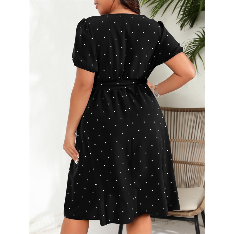 Square Neck Polka Dot Belted Dress, Women's Elegant Retro Puff Sleeve, High Waist Summer A-line Big Swing Dresses