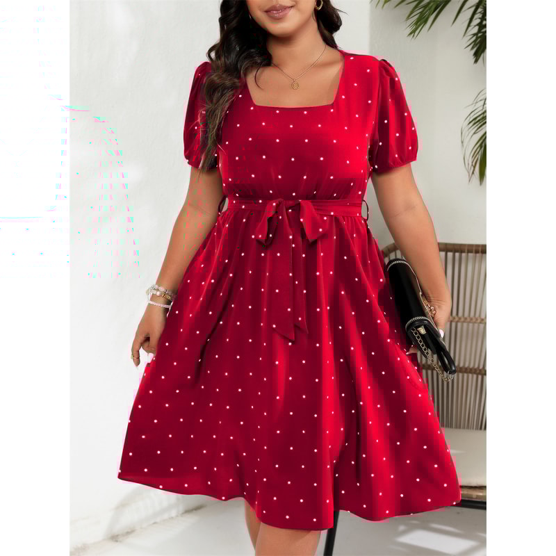 Square Neck Polka Dot Belted Dress, Women's Elegant Retro Puff Sleeve, High Waist Summer A-line Big Swing Dresses