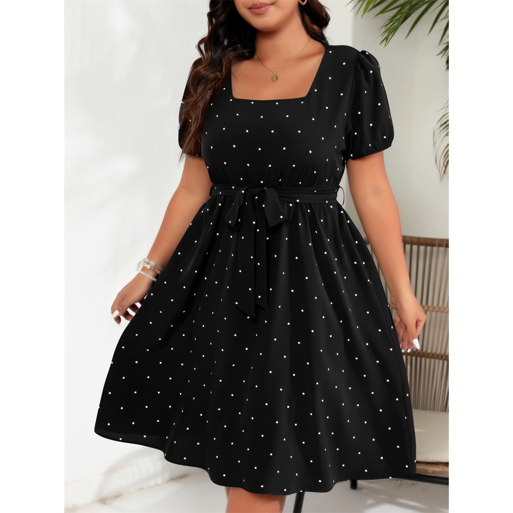 Square Neck Polka Dot Belted Dress, Women's Elegant Retro Puff Sleeve, High Waist Summer A-line Big Swing Dresses