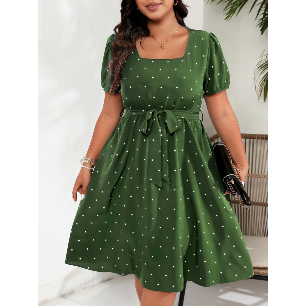 Square Neck Polka Dot Belted Dress, Women's Elegant Retro Puff Sleeve, High Waist Summer A-line Big Swing Dresses