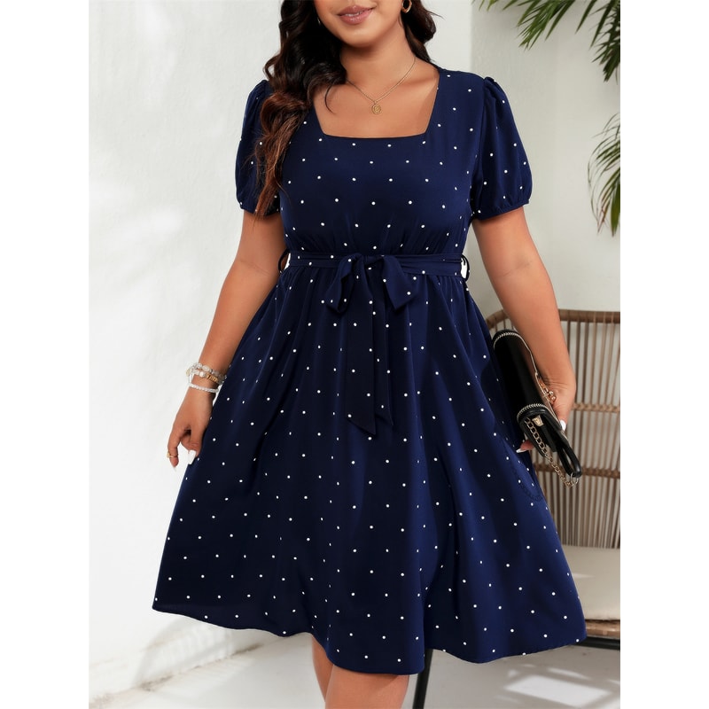 Square Neck Polka Dot Belted Dress, Women's Elegant Retro Puff Sleeve, High Waist Summer A-line Big Swing Dresses