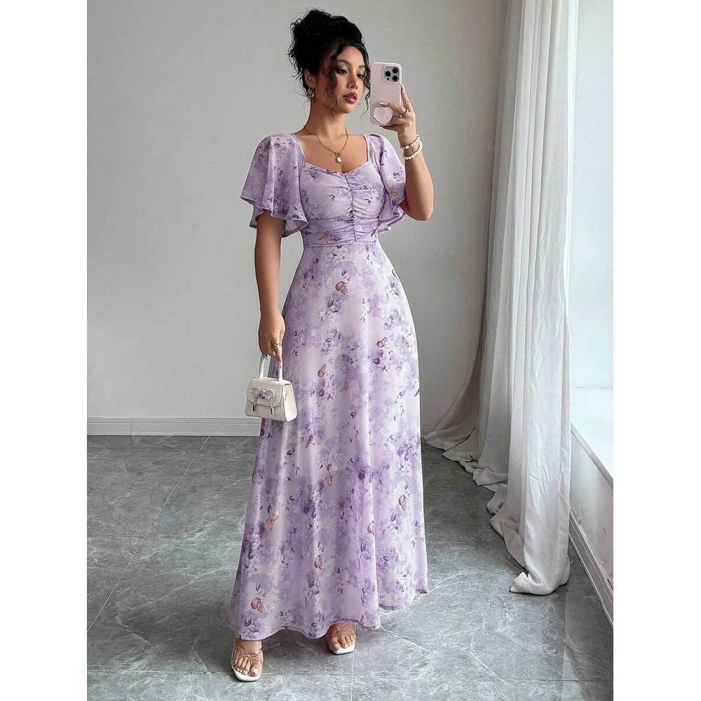 Womens Sweet French Style Mini Dress, Purple Butterfly Print, Batwing Sleeves Back Zipper Elegant Chic