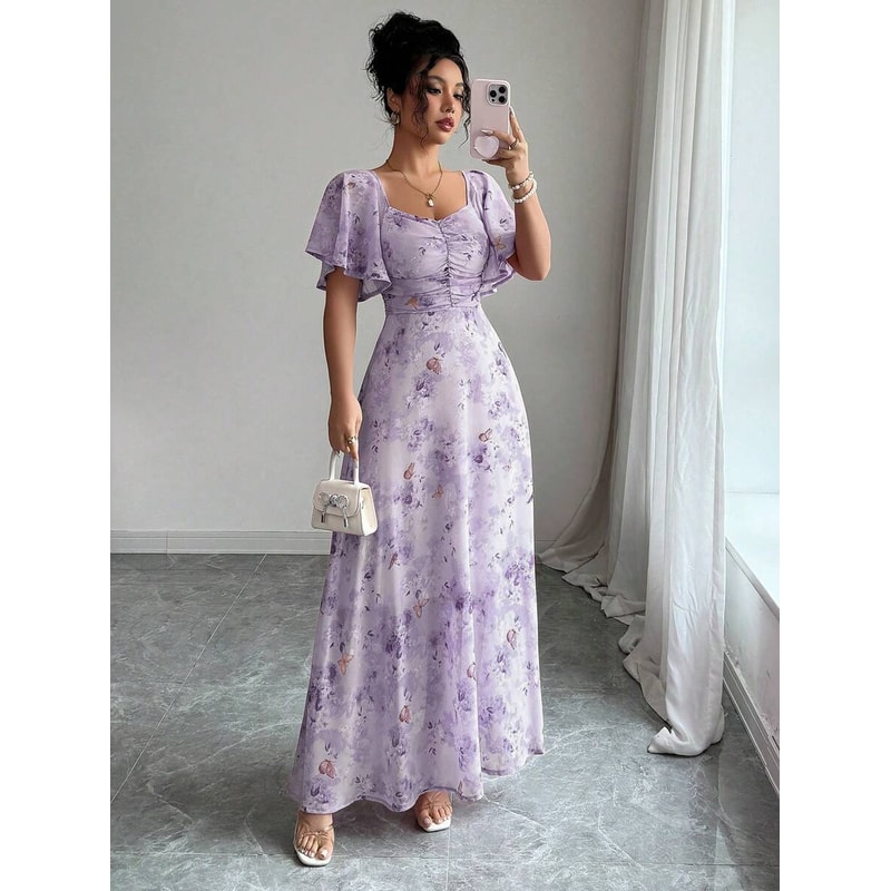 Womens Sweet French Style Mini Dress, Purple Butterfly Print, Batwing Sleeves Back Zipper Elegant Chic