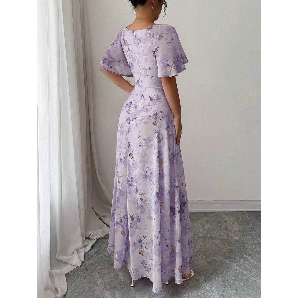 Womens Sweet French Style Mini Dress, Purple Butterfly Print, Batwing Sleeves Back Zipper Elegant Chic