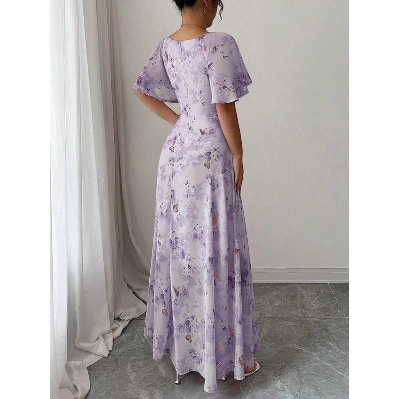 Womens Sweet French Style Mini Dress, Purple Butterfly Print, Batwing Sleeves Back Zipper Elegant Chic