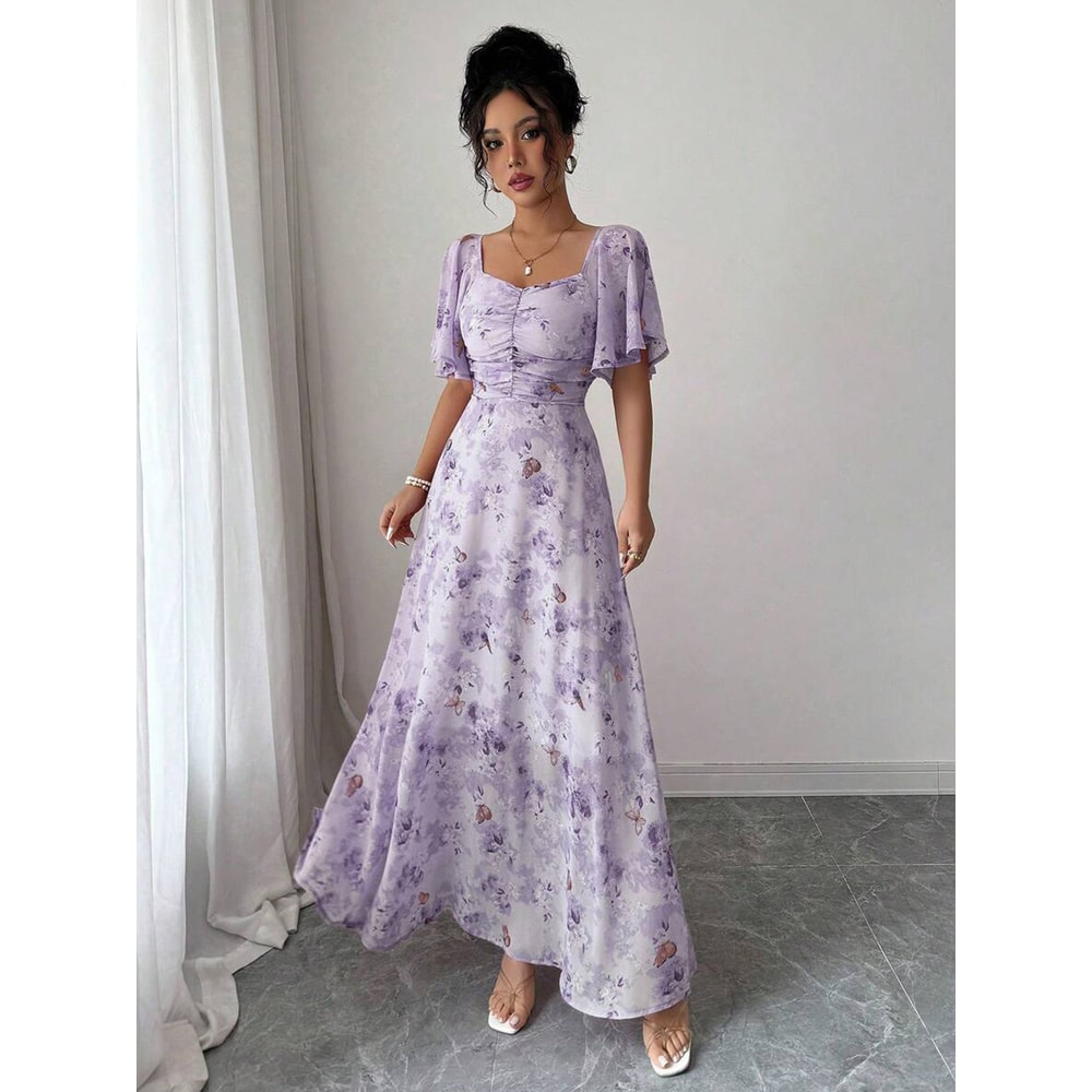 Womens Sweet French Style Mini Dress, Purple Butterfly Print, Batwing Sleeves Back Zipper Elegant Chic