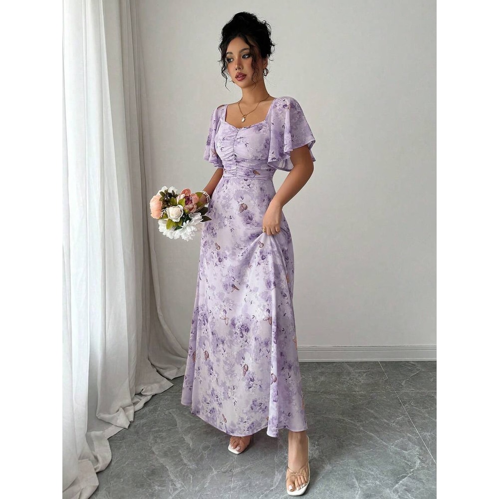 Womens Sweet French Style Mini Dress, Purple Butterfly Print, Batwing Sleeves Back Zipper Elegant Chic