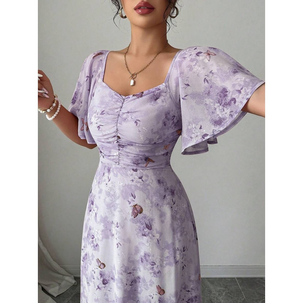Womens Sweet French Style Mini Dress, Purple Butterfly Print, Batwing Sleeves Back Zipper Elegant Chic