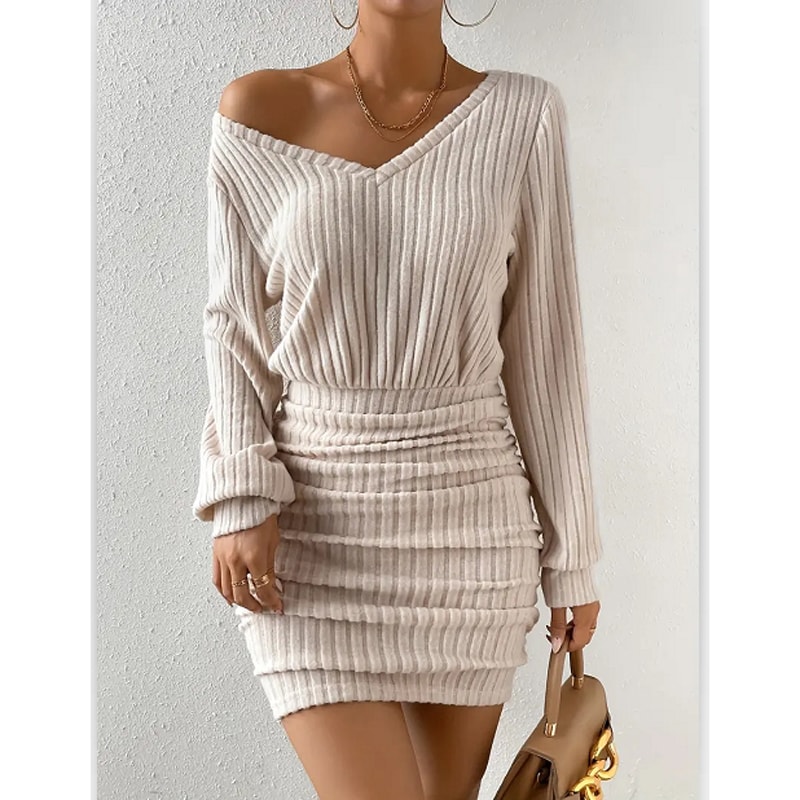 Women's Autumn Winter Knitted Sweater Mini Dress, Female Casual Solid Wrap V-neck, Long Sleeve Warm Bodycon Short Dresse