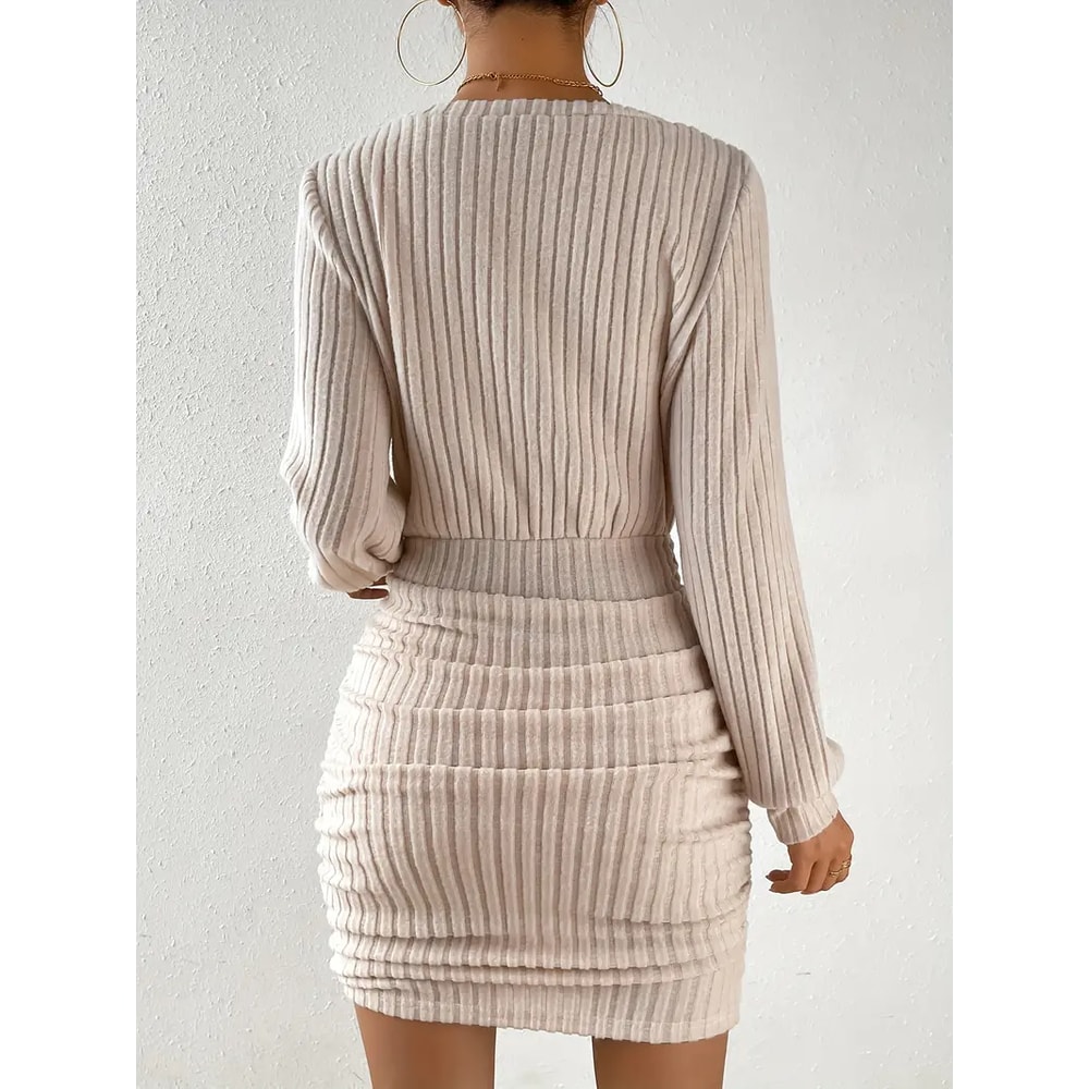 Women's Autumn Winter Knitted Sweater Mini Dress, Female Casual Solid Wrap V-neck, Long Sleeve Warm Bodycon Short Dresse