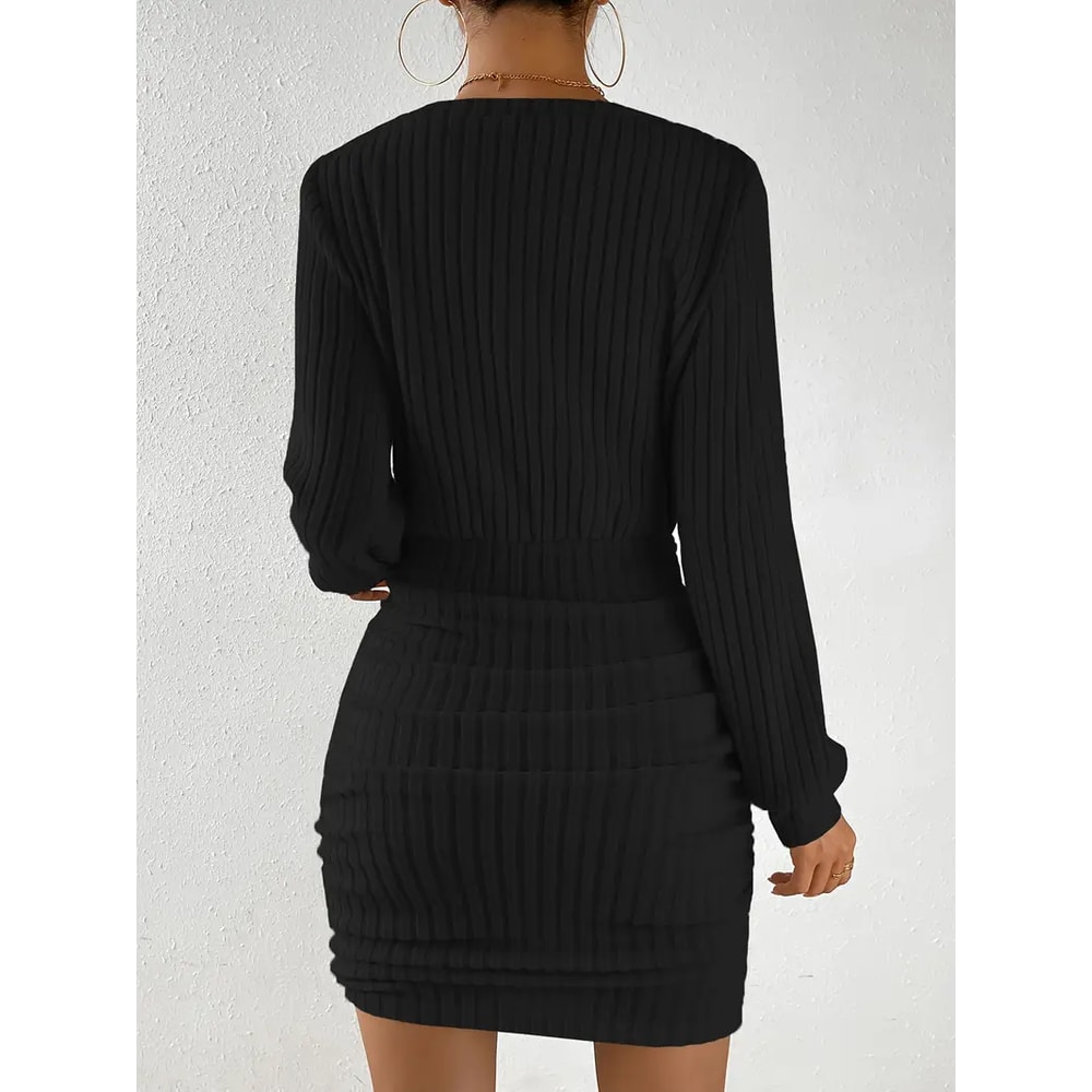 Women's Autumn Winter Knitted Sweater Mini Dress, Female Casual Solid Wrap V-neck, Long Sleeve Warm Bodycon Short Dresse