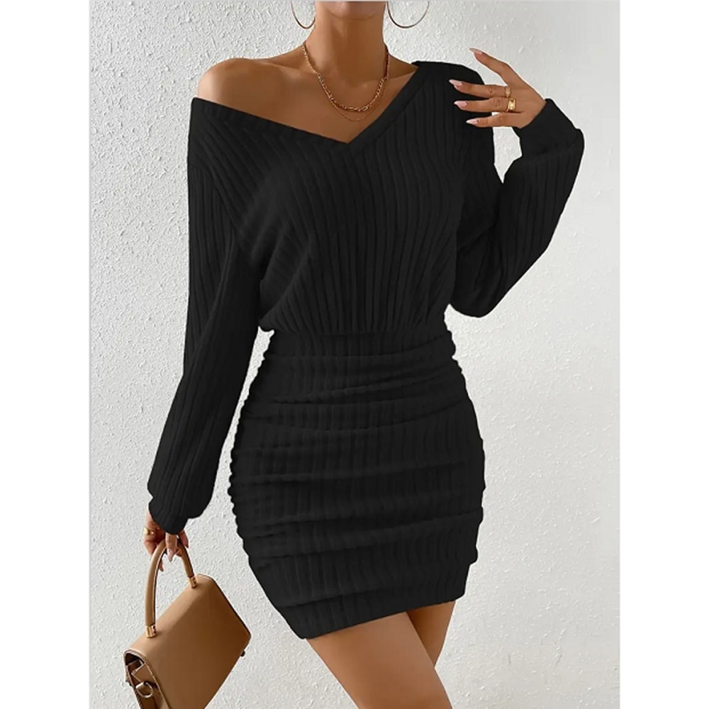 Women's Autumn Winter Knitted Sweater Mini Dress, Female Casual Solid Wrap V-neck, Long Sleeve Warm Bodycon Short Dresse