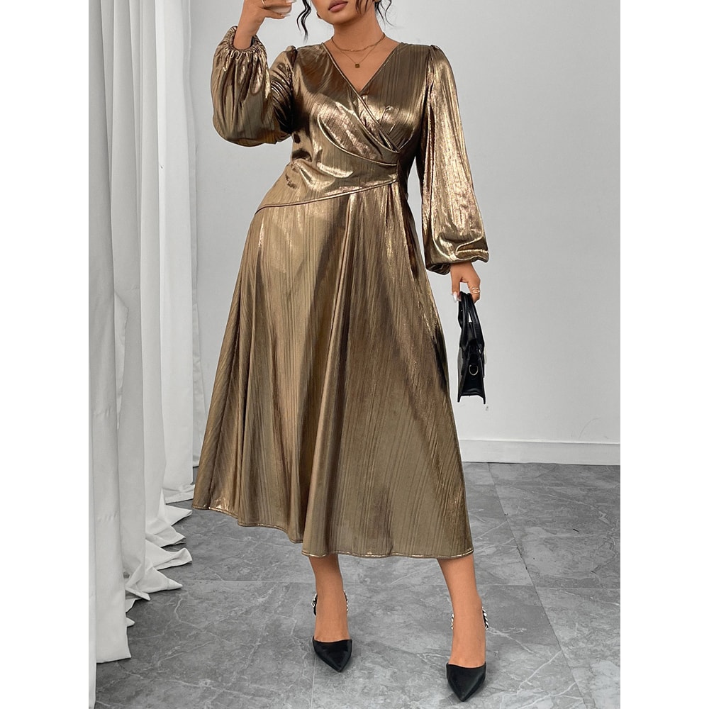 Surplice Neck Long Sleeve Elegant Party ALine Dress Autumn New Womens High Waist Slim Maxi Long Dre 4