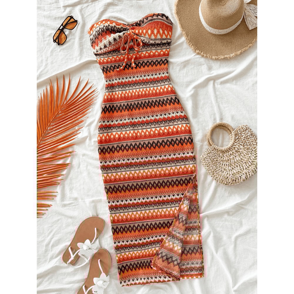 Women's Casual Sexy Bow Wrap Chest Patchwork Slim Dress, Striped Slit Design, Stylish Comfort