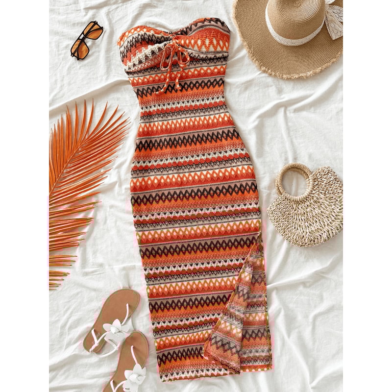 Women's Casual Sexy Bow Wrap Chest Patchwork Slim Dress, Striped Slit Design, Stylish Comfort