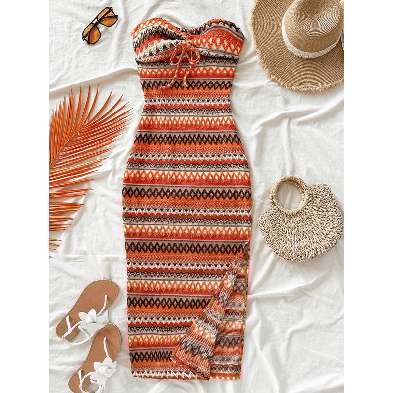 Women's Casual Sexy Bow Wrap Chest Patchwork Slim Dress, Striped Slit Design, Stylish Comfort