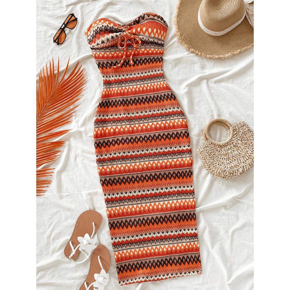 Women's Casual Sexy Bow Wrap Chest Patchwork Slim Dress, Striped Slit Design, Stylish Comfort