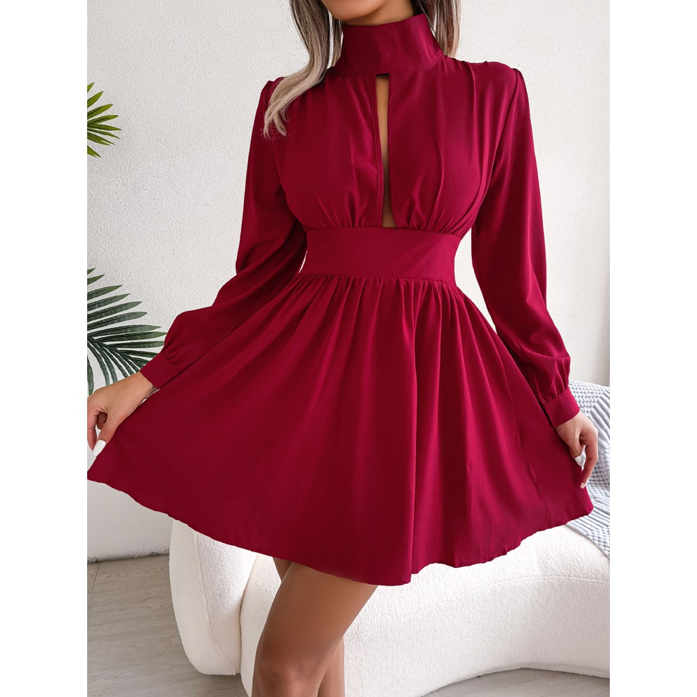 Women Autumn Casual Hollow Out Long Sleeve A Line Dress, Black Red White Elegant Woman Dresses for Fall Style