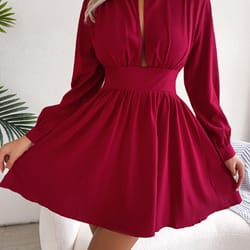 women autumn casual hollow out long sleeve a line dress, black red white elegant woman dresses for fall style