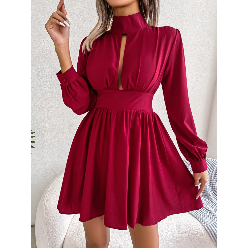 Women Autumn Casual Hollow Out Long Sleeve A Line Dress, Black Red White Elegant Woman Dresses for Fall Style