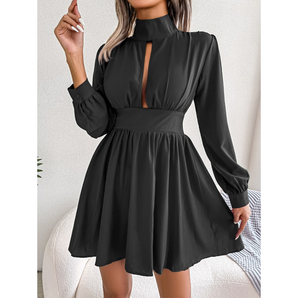 Women Autumn Casual Hollow Out Long Sleeve A Line Dress, Black Red White Elegant Woman Dresses for Fall Style