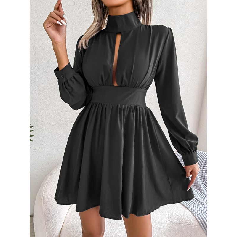 Women Autumn Casual Hollow Out Long Sleeve A Line Dress, Black Red White Elegant Woman Dresses for Fall Style