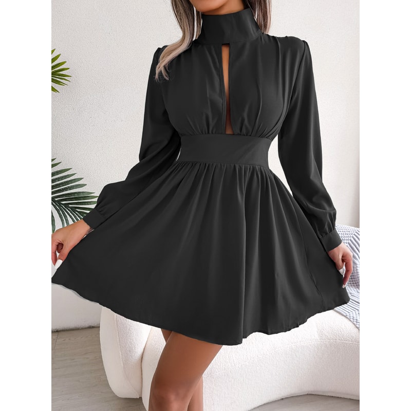 Women Autumn Casual Hollow Out Long Sleeve A Line Dress, Black Red White Elegant Woman Dresses for Fall Style