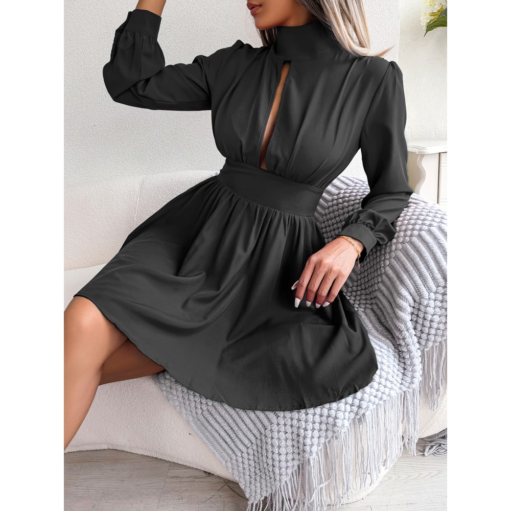 Women Autumn Casual Hollow Out Long Sleeve A Line Dress, Black Red White Elegant Woman Dresses for Fall Style