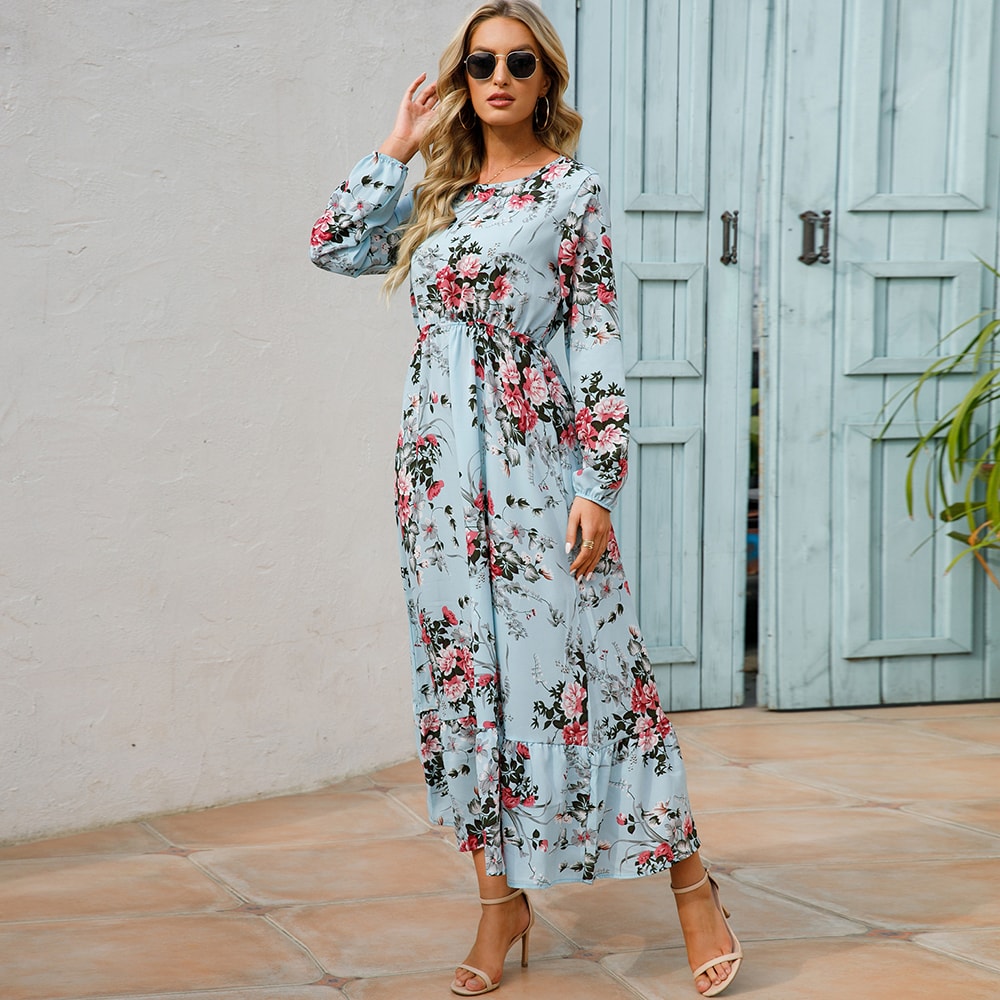 Women Maxi Dresses Bohemian Casual, Full Sleeve High Waist Beach Woman Chiffon Floral Long Dress