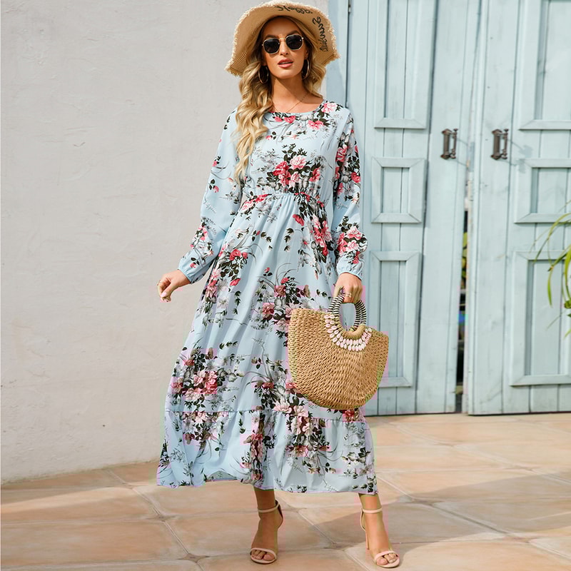Women Maxi Dresses Bohemian Casual, Full Sleeve High Waist Beach Woman Chiffon Floral Long Dress