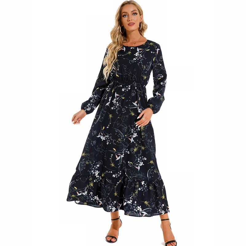 Women Maxi Dresses Bohemian Casual, Full Sleeve High Waist Beach Woman Chiffon Floral Long Dress