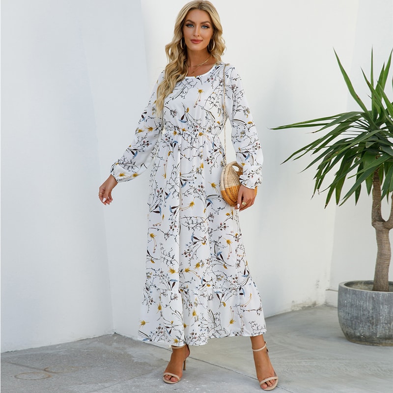 Women Maxi Dresses Bohemian Casual, Full Sleeve High Waist Beach Woman Chiffon Floral Long Dress