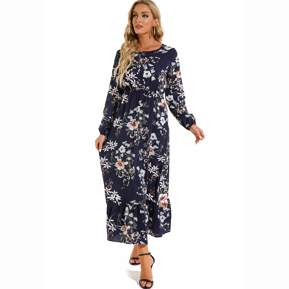 Women Maxi Dresses Bohemian Casual, Full Sleeve High Waist Beach Woman Chiffon Floral Long Dress