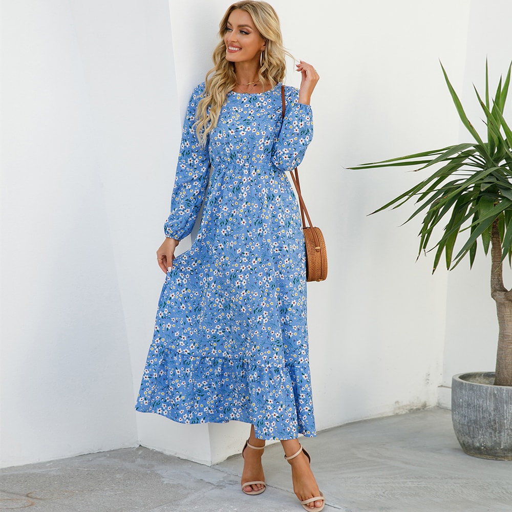 Women Maxi Dresses Bohemian Casual, Full Sleeve High Waist Beach Woman Chiffon Floral Long Dress
