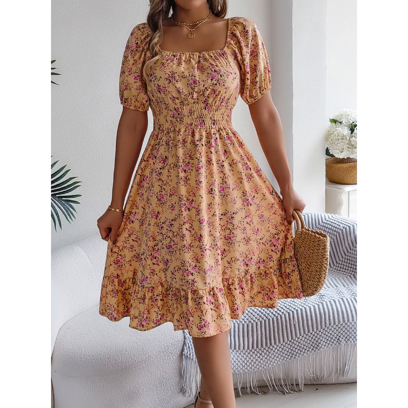 Floral Print Short Sleeved Square Neck Dress, Spring and Summer Elegant Women's Ruffled Edge Dress