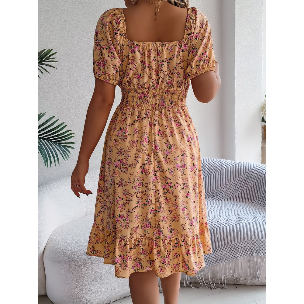 Floral Print Short Sleeved Square Neck Dress, Spring and Summer Elegant Women's Ruffled Edge Dress