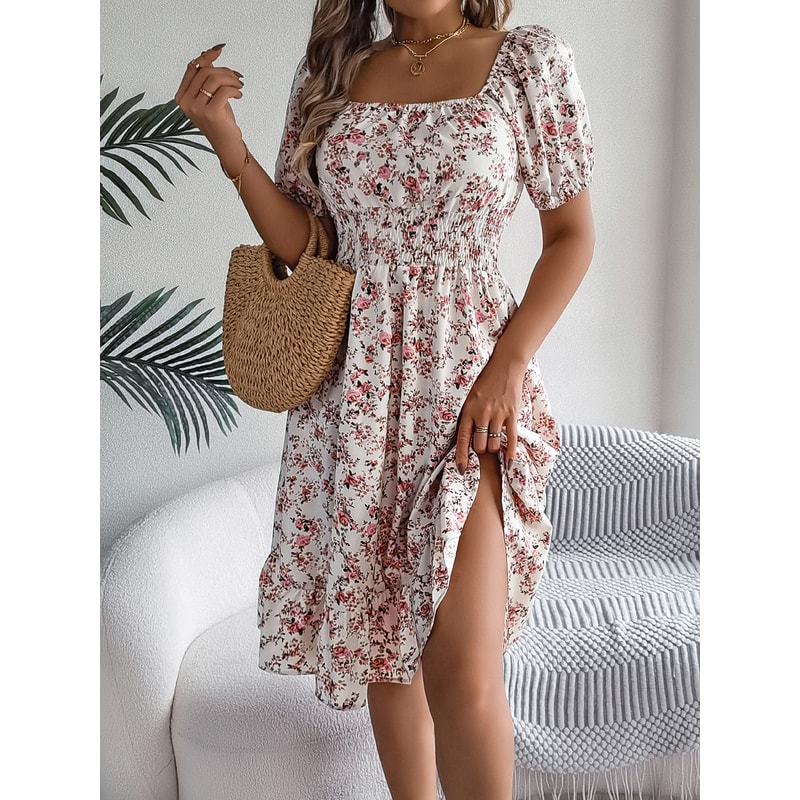 Floral Print Short Sleeved Square Neck Dress, Spring and Summer Elegant Women's Ruffled Edge Dress