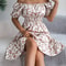 Floral Print Short Sleeved Square Neck Dress, Spring and Summer Elegant Women's Ruffled Edge Dress