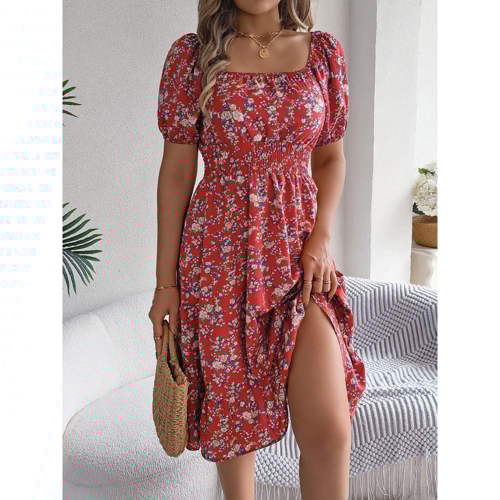 Floral Print Short Sleeved Square Neck Dress, Spring and Summer Elegant Women's Ruffled Edge Dress