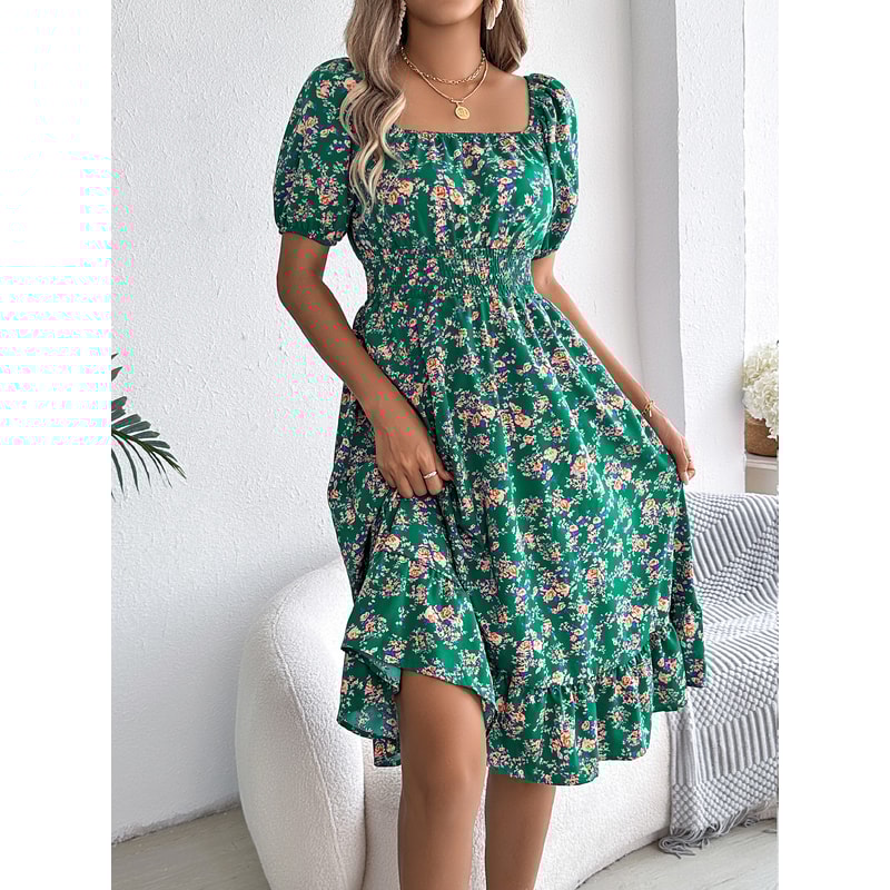 Floral Print Short Sleeved Square Neck Dress, Spring and Summer Elegant Women's Ruffled Edge Dress