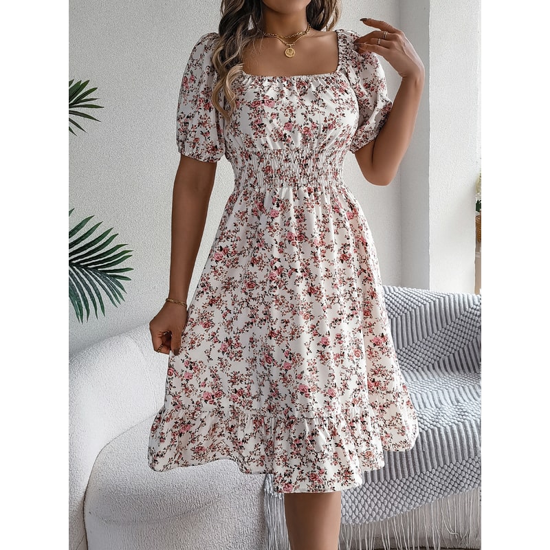 Floral Print Short Sleeved Square Neck Dress, Spring and Summer Elegant Women's Ruffled Edge Dress