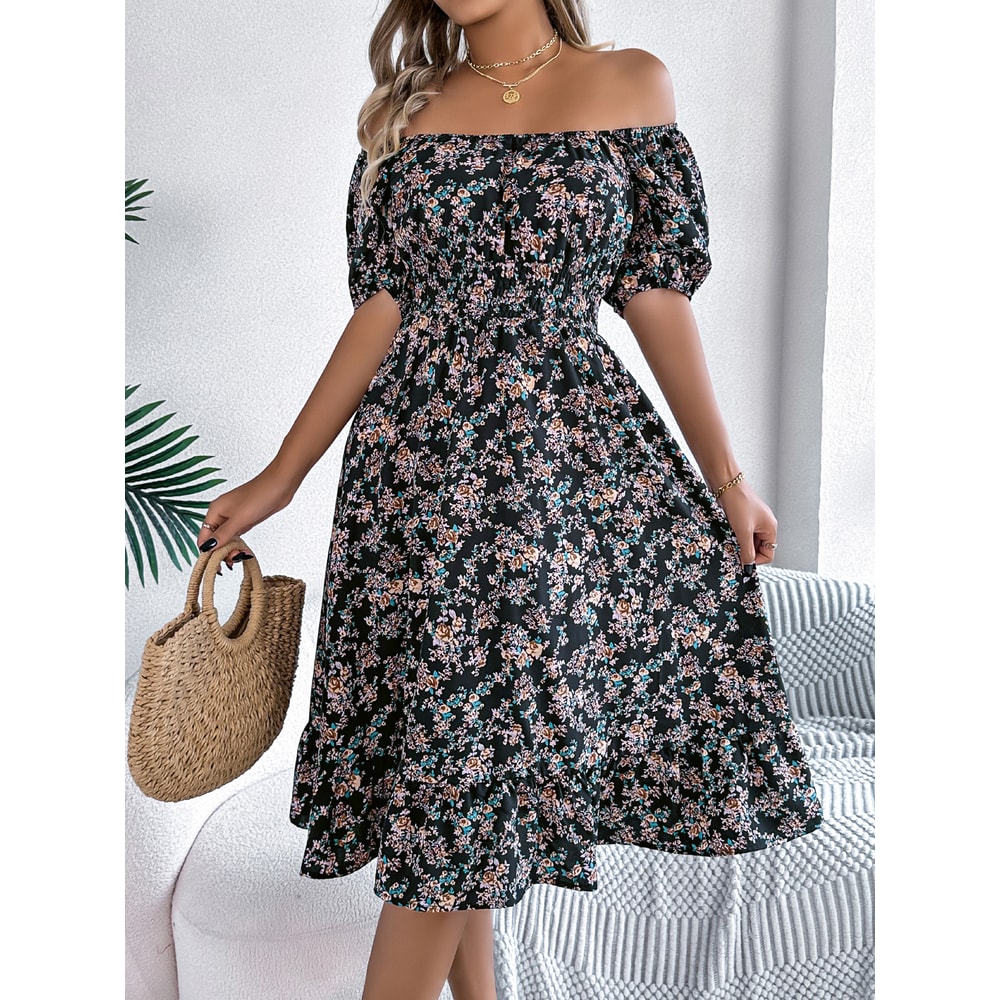 Floral Print Short Sleeved Square Neck Dress, Spring and Summer Elegant Women's Ruffled Edge Dress