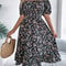 Floral Print Short Sleeved Square Neck Dress, Spring and Summer Elegant Women's Ruffled Edge Dress