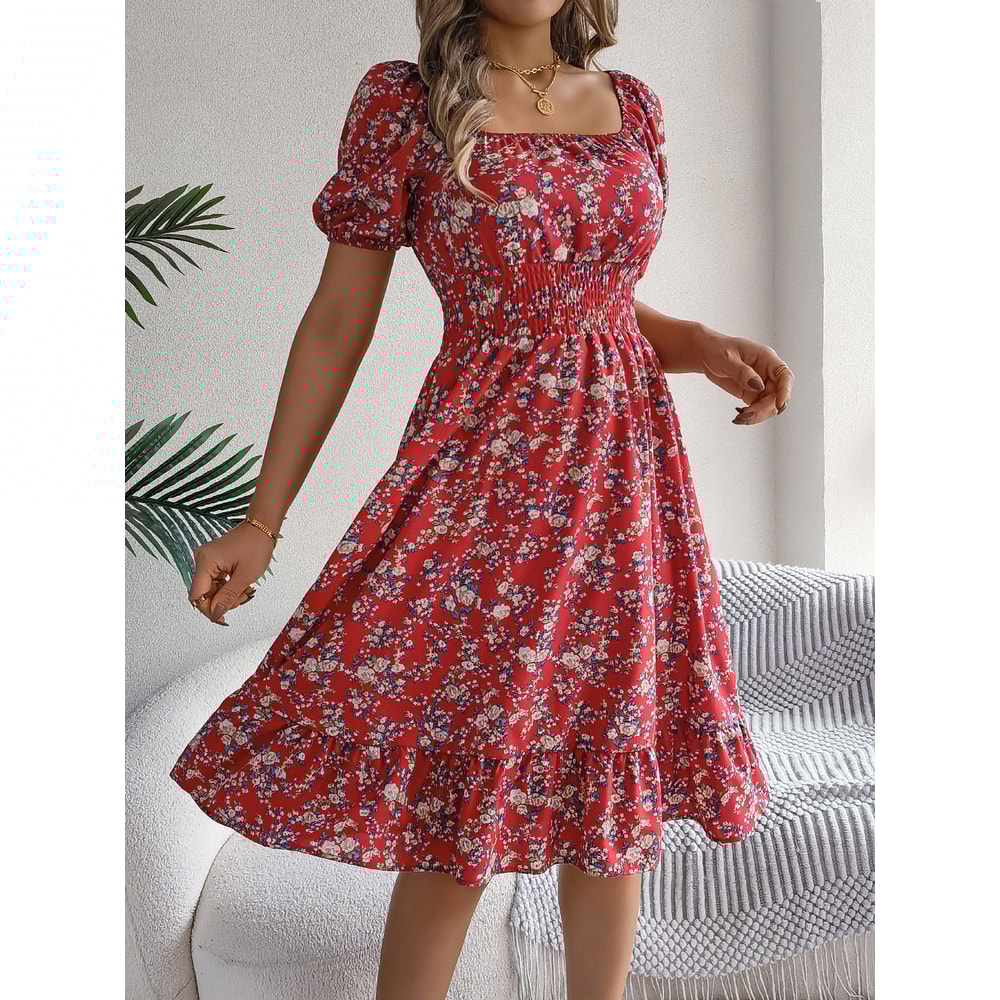 Floral Print Short Sleeved Square Neck Dress, Spring and Summer Elegant Women's Ruffled Edge Dress