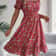 Floral Print Short Sleeved Square Neck Dress, Spring and Summer Elegant Women's Ruffled Edge Dress
