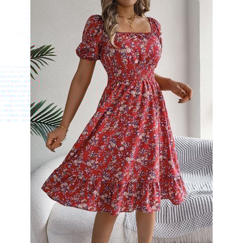 Floral Print Short Sleeved Square Neck Dress, Spring and Summer Elegant Women's Ruffled Edge Dress