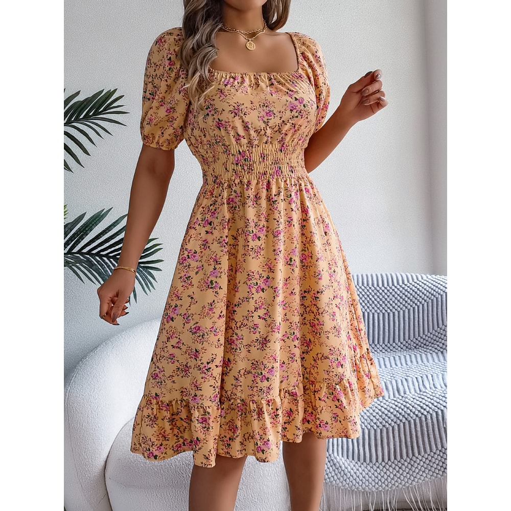 Floral Print Short Sleeved Square Neck Dress, Spring and Summer Elegant Women's Ruffled Edge Dress