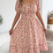 Floral Print Short Sleeved Square Neck Dress, Spring and Summer Elegant Women's Ruffled Edge Dress